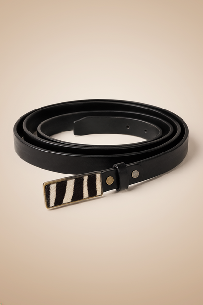 Buckle and Bound slim black leather belt with Buckle and Bound slim zebra belt buckle