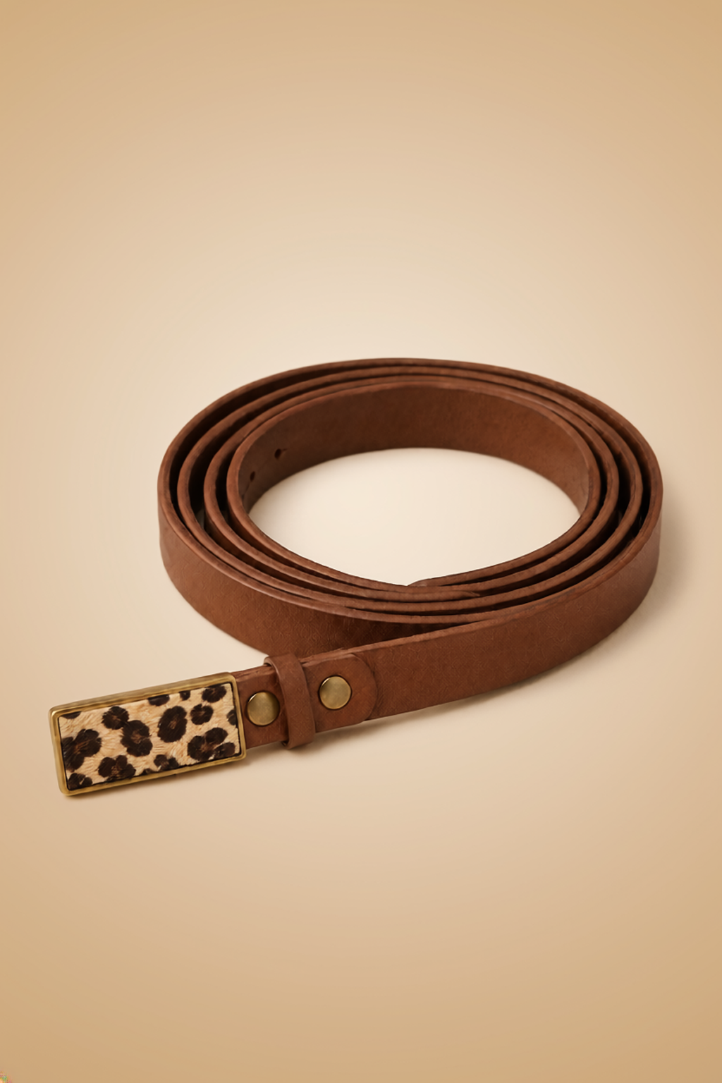 Buckle and Bound slim brown belt with Buckle and Bound slim cheetah belt buckle