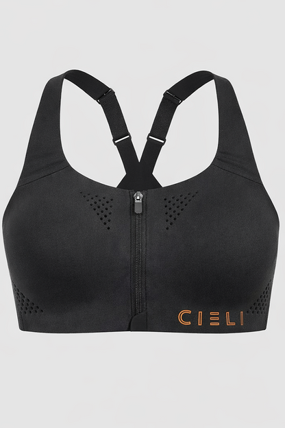 Black sports bra with a zipper and 'CIELI' branding on a light gray background