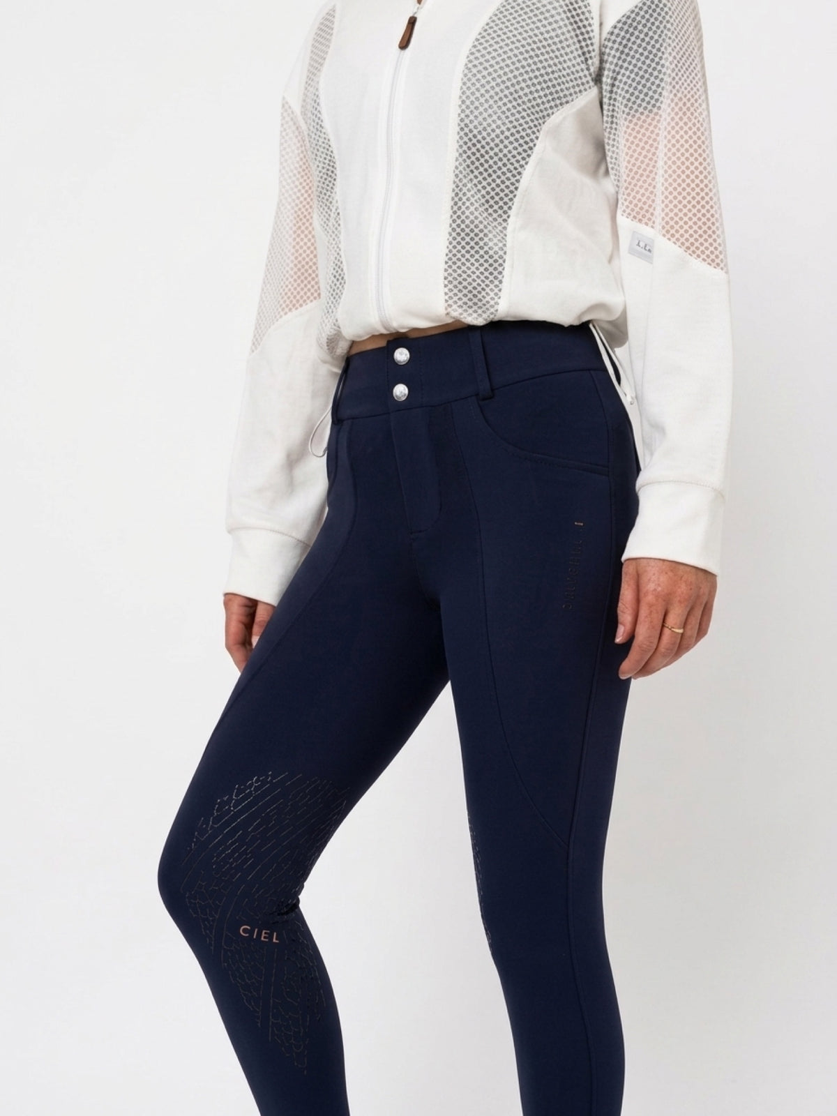 Close up of Juliette Highwaisted Breggins in navy with half grip/knee patch 