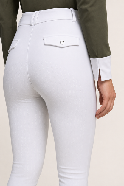Close up of back of Juliette High Waisted Breggins (high waisted breeches) in white 