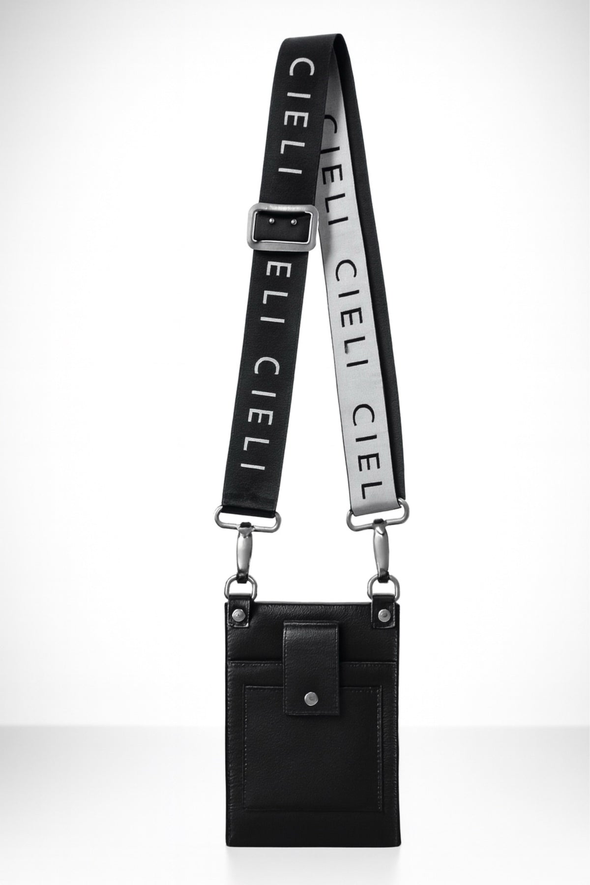 Brown Cieli Signature Leather Sling Bag in black showing the branded crossbody strap