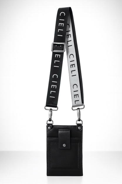 Brown Cieli Signature Leather Sling Bag in black showing the branded crossbody strap