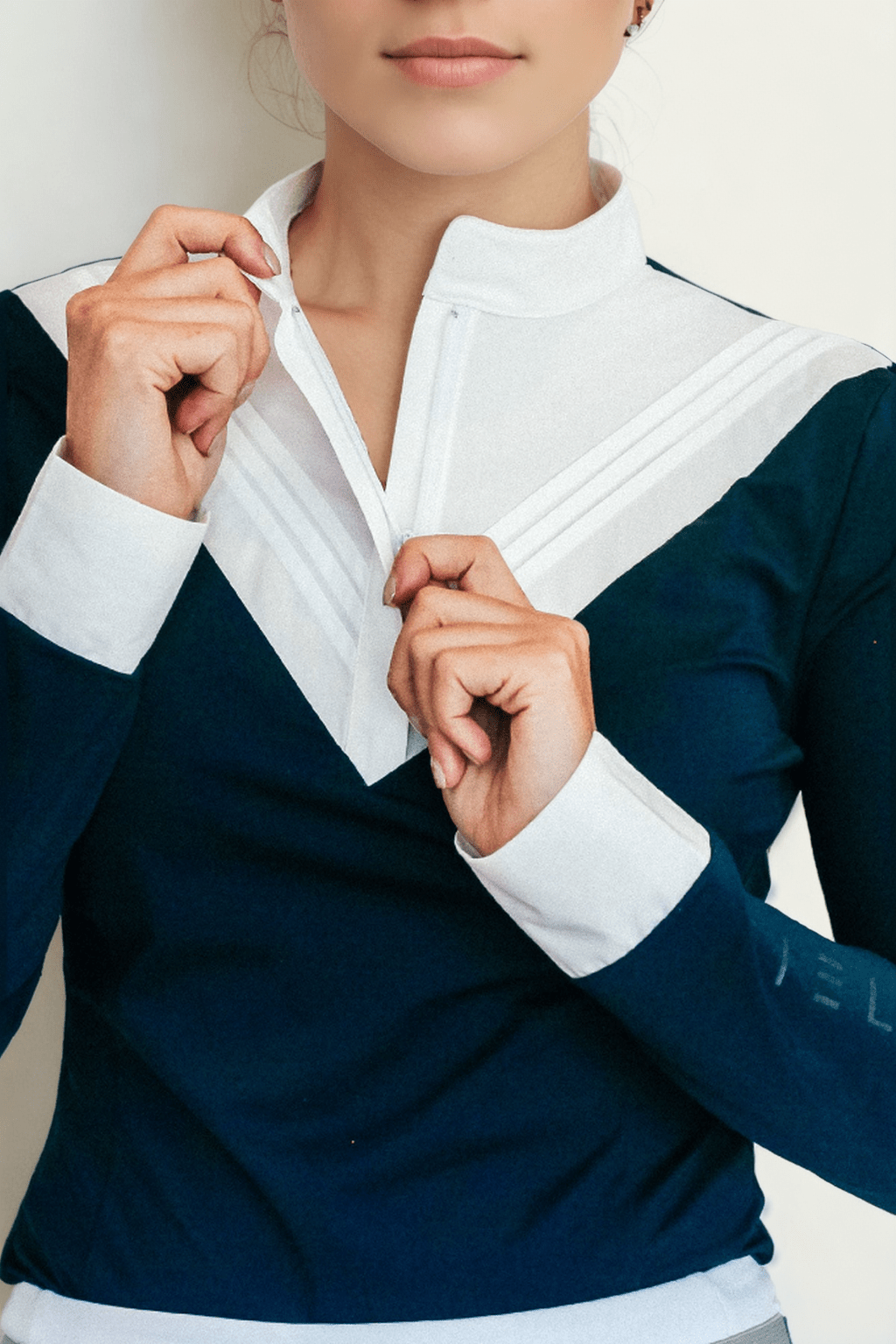 Front view of The Lia Show Shirt in navy with pleated bib and high show collar.