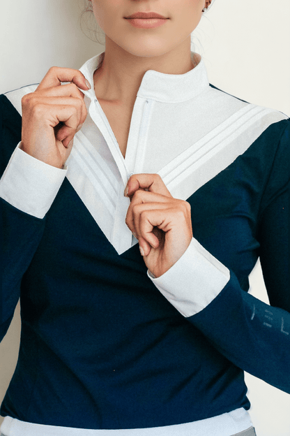 Front view of The Lia Show Shirt in navy with pleated bib and high show collar.