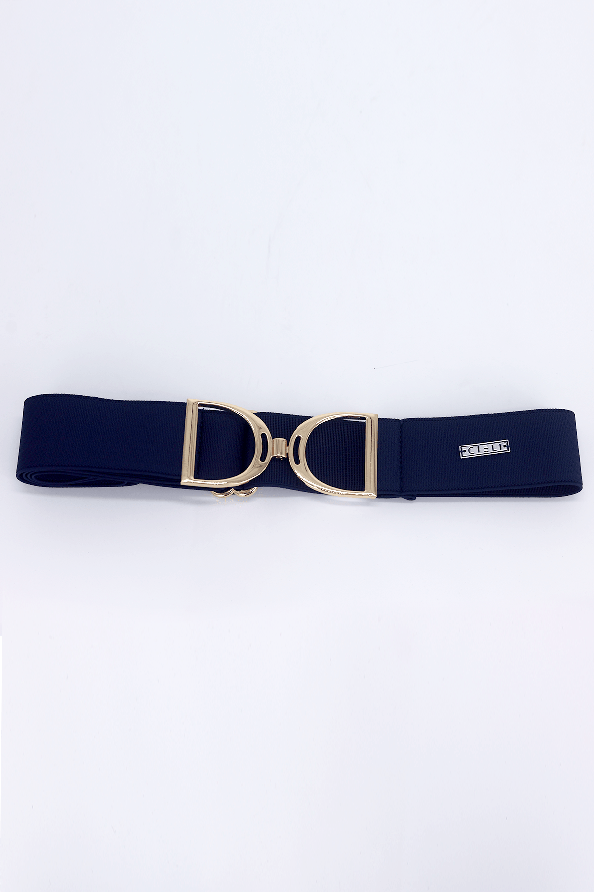 A blue elastic stirrup belt with a metallic clasp, featuring a gold finish.