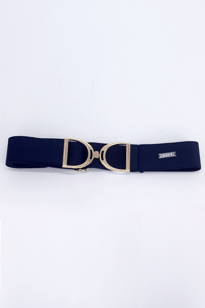 A blue elastic stirrup belt with a metallic clasp, featuring a gold finish.