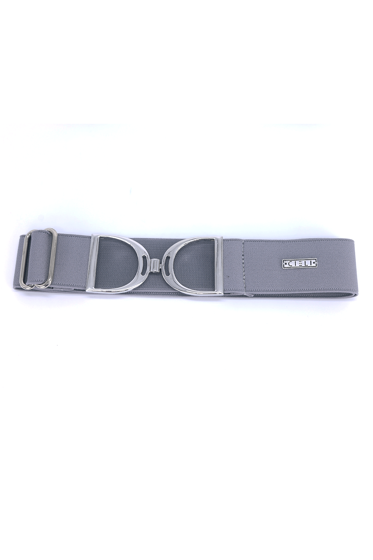 A grey elastic stirrup belt with a metallic clasp, featuring a silver finish.
