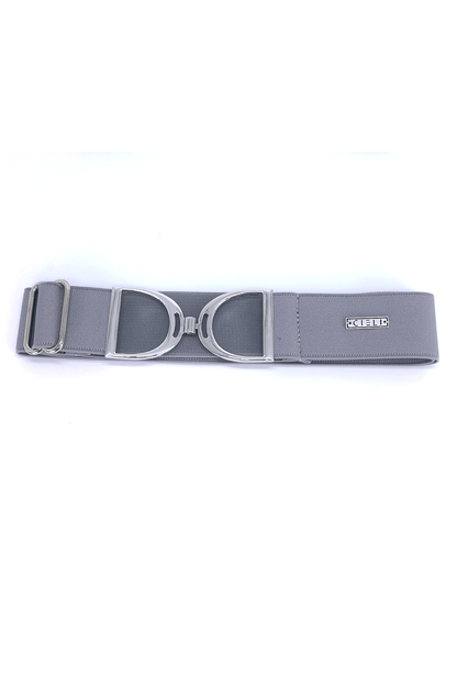 A grey elastic stirrup belt with a metallic clasp, featuring a silver finish.