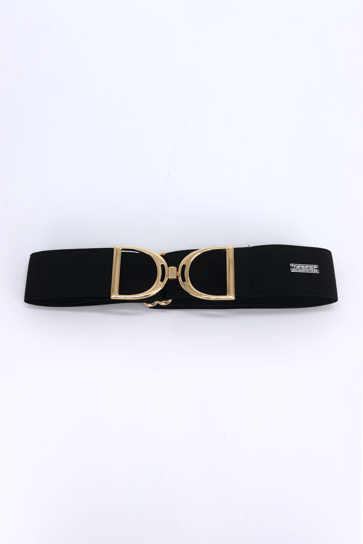 A black elastic stirrup belt with a metallic clasp, featuring a gold finish.