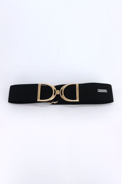 A black elastic stirrup belt with a metallic clasp, featuring a gold finish.